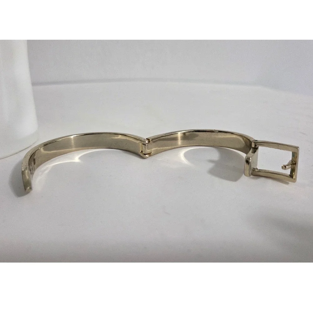 Vintage Gold Tone Retro Teal Green Enamel Belt Buckle Hinged Bangle‎ Bracelet